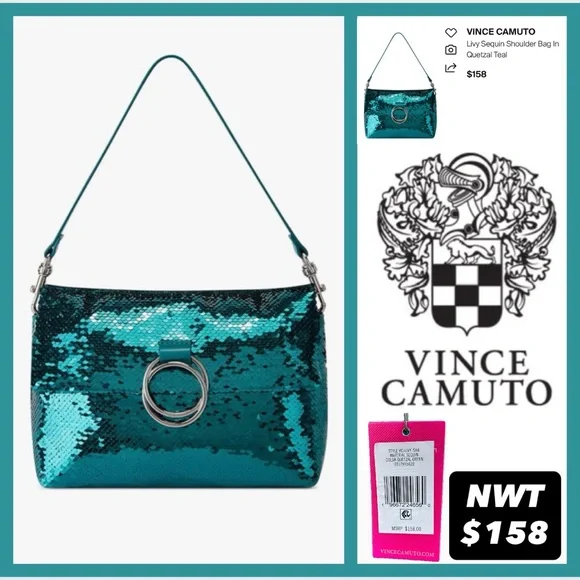 Vince Camuto sequin shoulder bag- Livy-Quetzal Teal NWT $158 Emerald Blue-Green - Picture 14 of 14